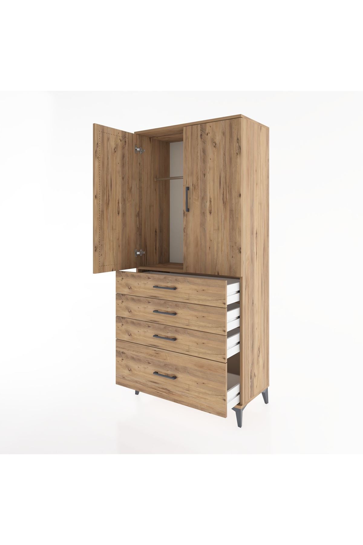 Hyperion Dolap Tek Raflı 4 Çekmeceli Tek Askılı 88x44x195 Çam-Çam