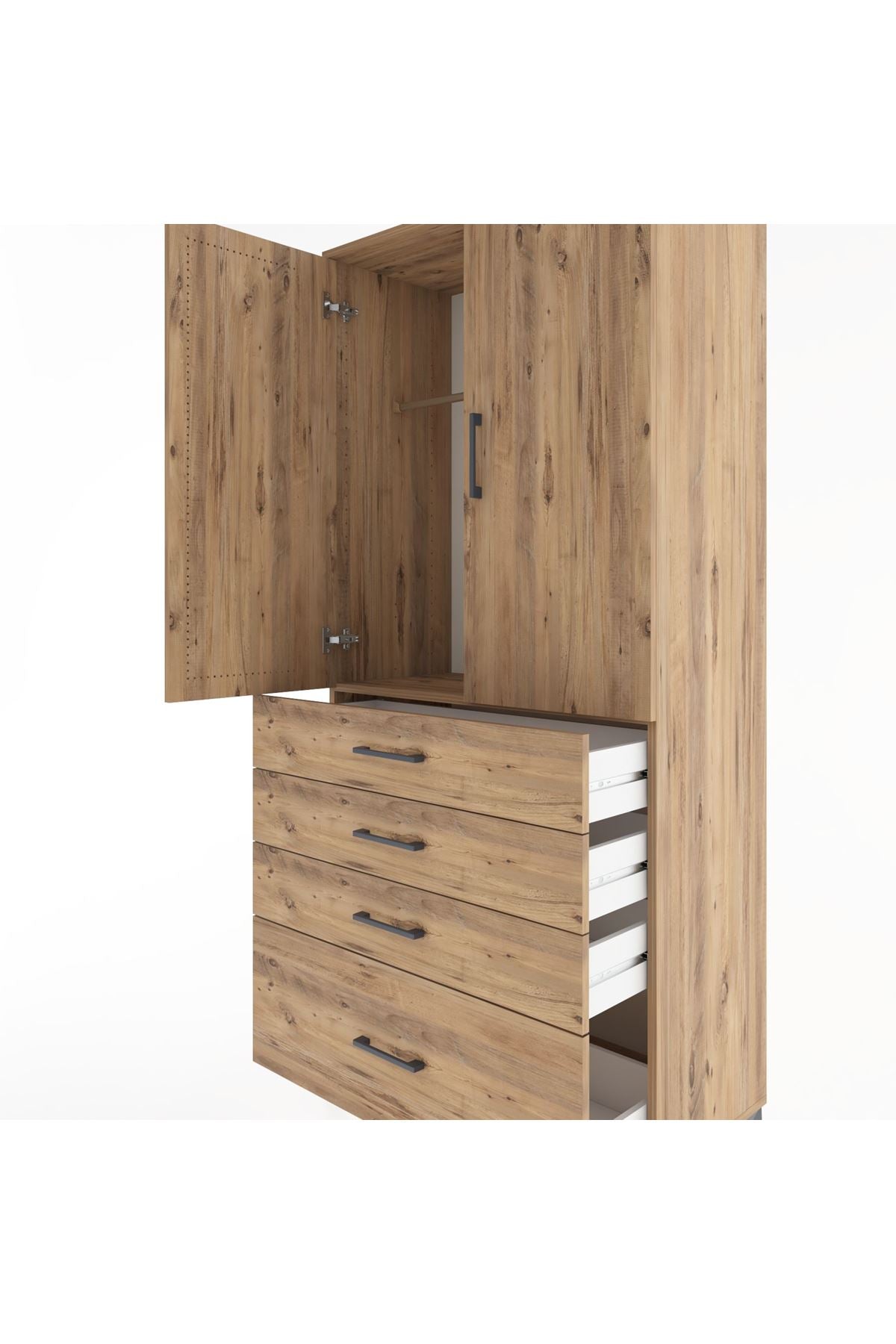 Hyperion Dolap Tek Raflı 4 Çekmeceli Tek Askılı 88x44x195 Çam-Çam