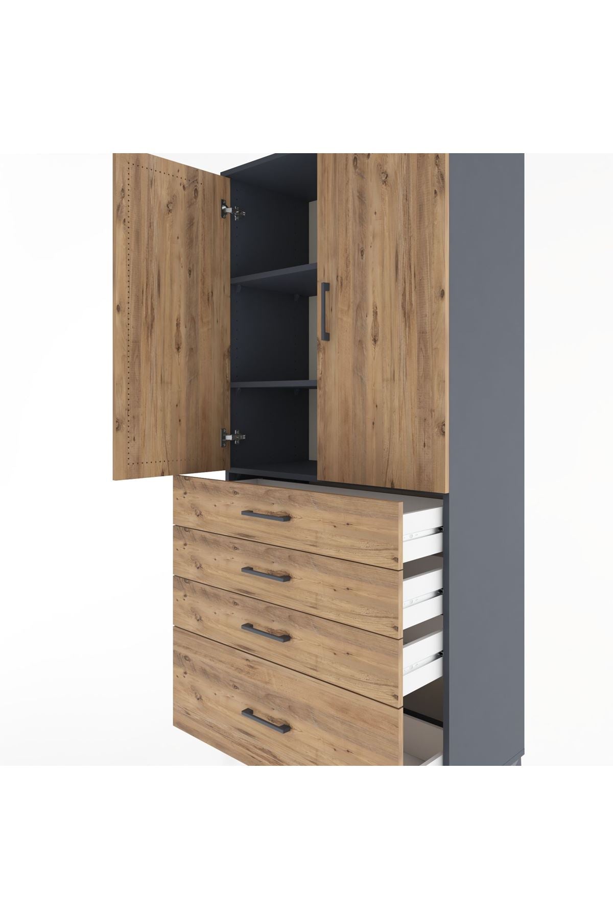 Hyperion Dolap 3 Raflı 4 Çekmeceli 2 Kapaklı 88x44x195 Antrasit-Çam