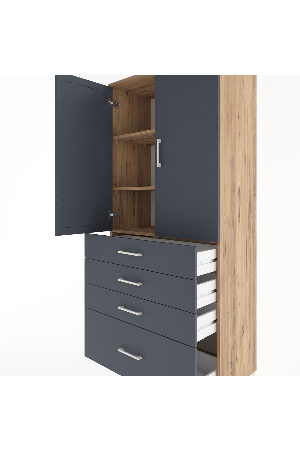 Hyperion Dolap 3 Raflı 4 Çekmeceli 2 Kapaklı 88x44x195 Çam-Antrasit