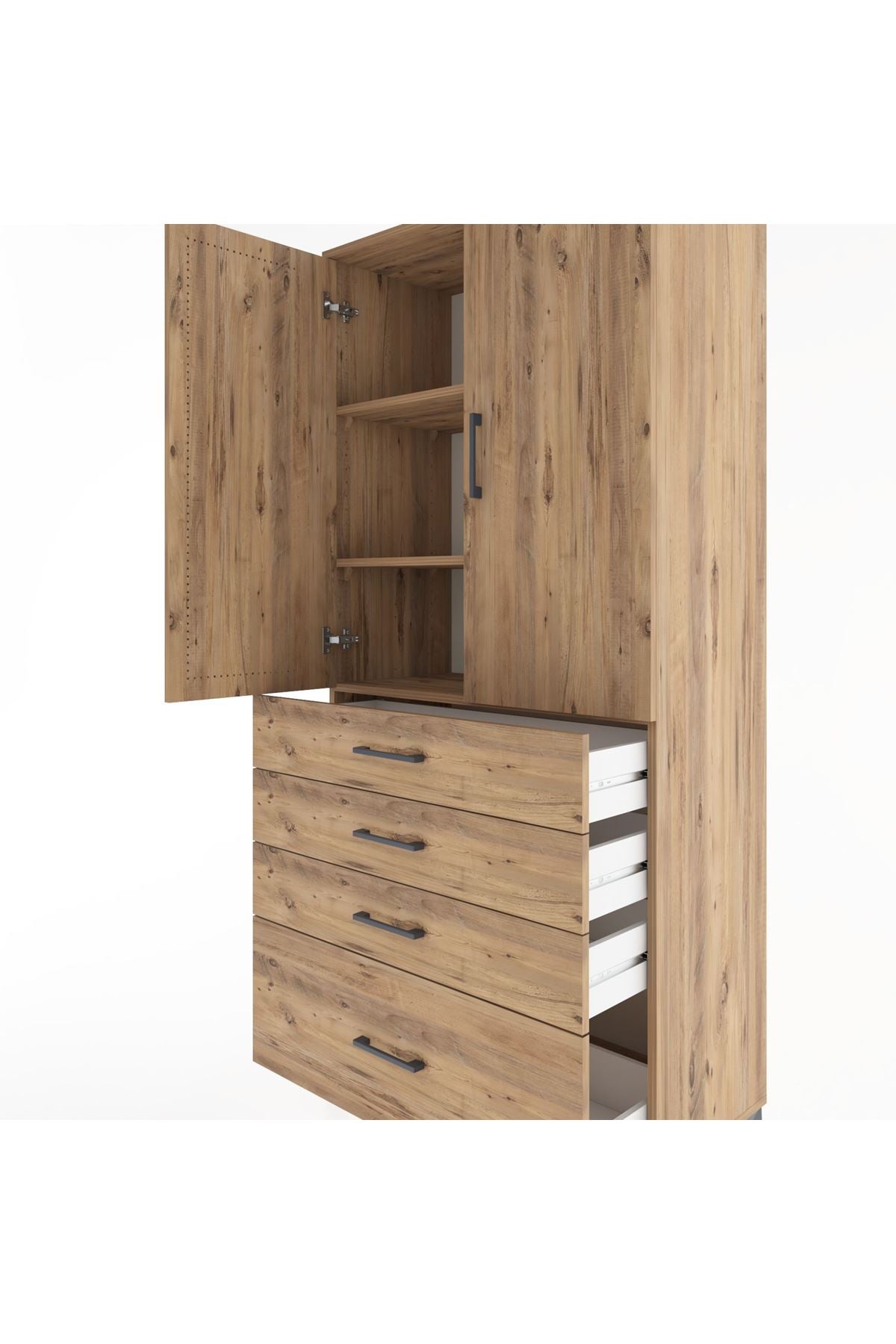 Hyperion Dolap 3 Raflı 4 Çekmeceli 2 Kapaklı 88x44x195 Çam-Çam