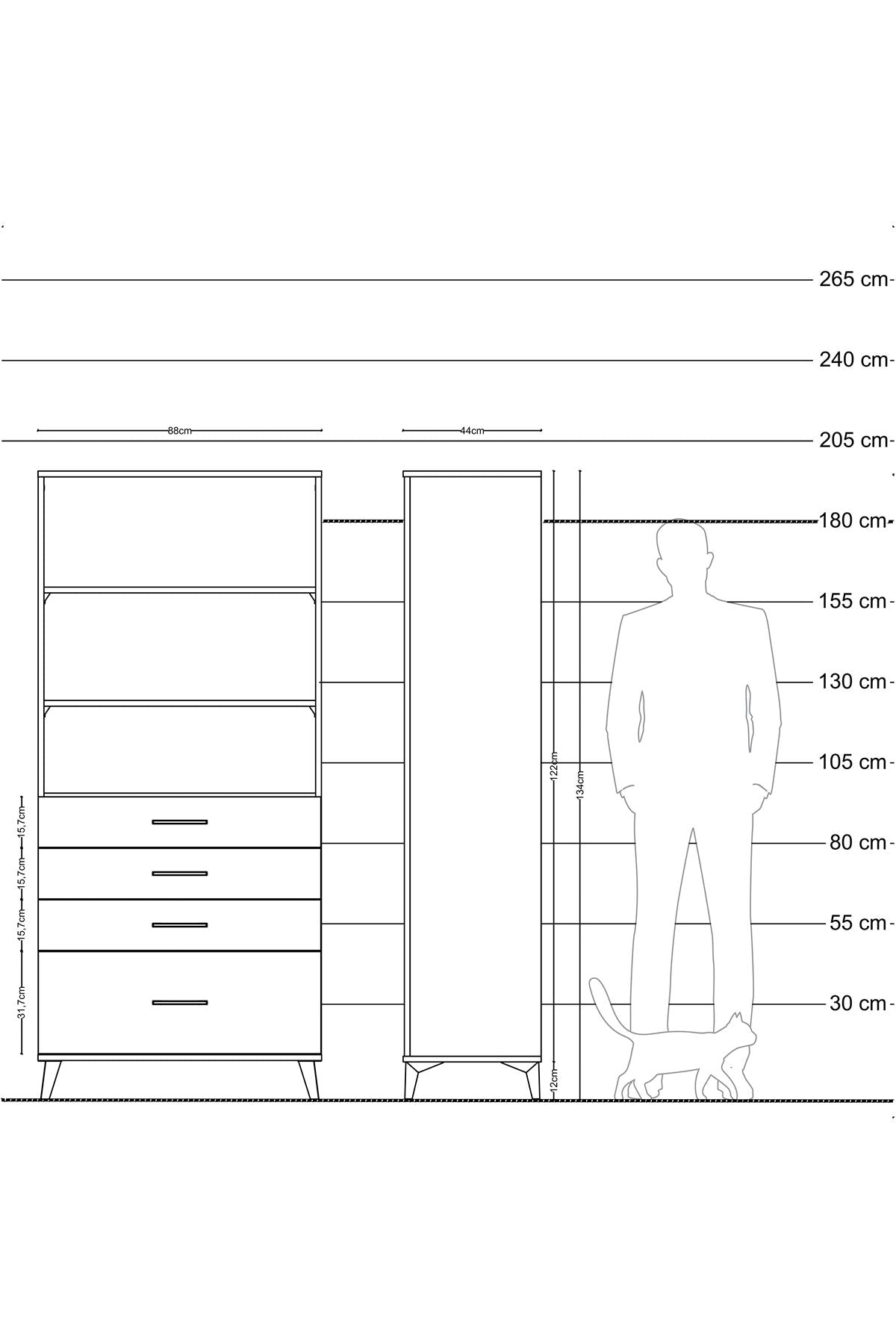 Hyperion Dolap 3 Raflı 4 Çekmeceli 88x44x195 Çam-Çam