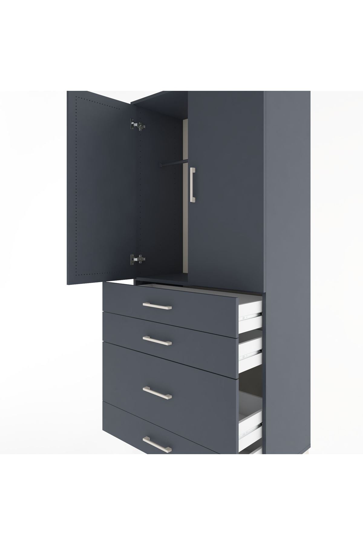 Hyperion Dolap Tek Raflı 4 Çekmeceli Tek Askılı 88x44x195 Antrasit-Antrasit