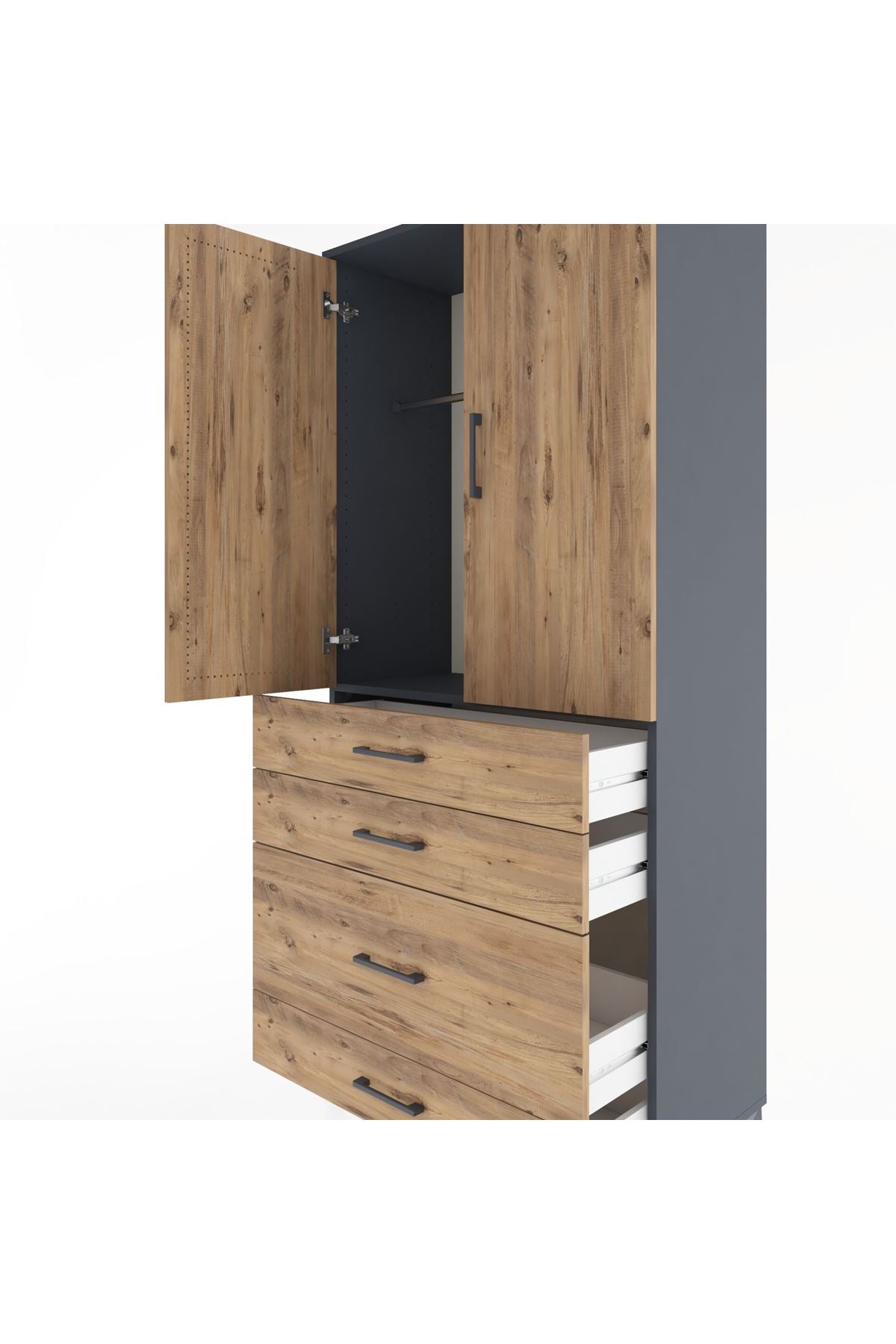 Hyperion Dolap Tek Raflı 4 Çekmeceli Tek Askılı 88x44x195 Antrasit-Çam