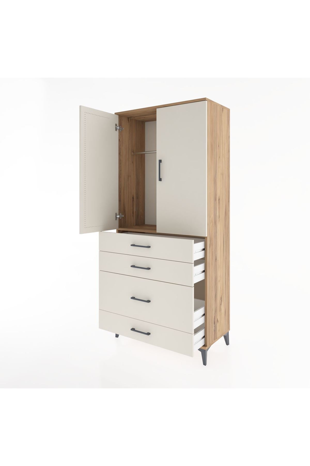 Hyperion Dolap Tek Raflı 4 Çekmeceli Tek Askılı 88x44x195 Çam-Aytaşı