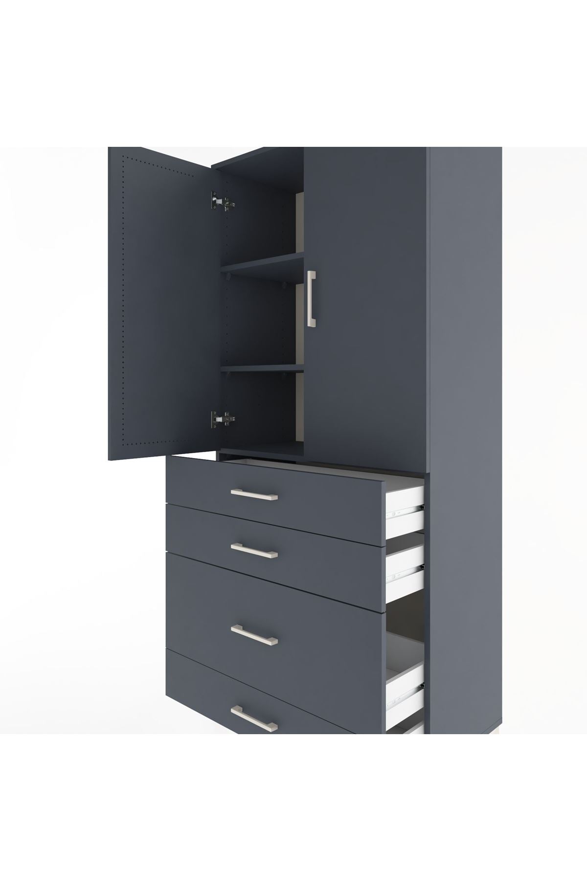 Hyperion Dolap 3 Raflı 4 Çekmeceli 2 Kapaklı 88x44x195 Antrasit-Antrasit