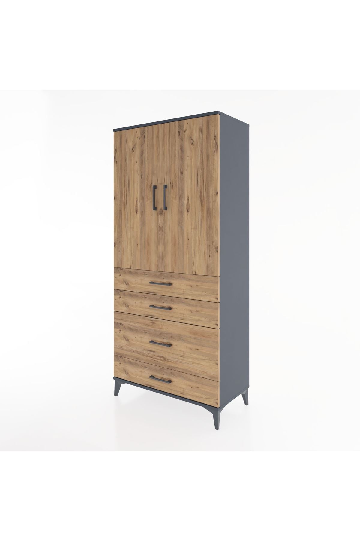 Hyperion Dolap 3 Raflı 4 Çekmeceli 2 Kapaklı 88x44x195 Antrasit-Çam