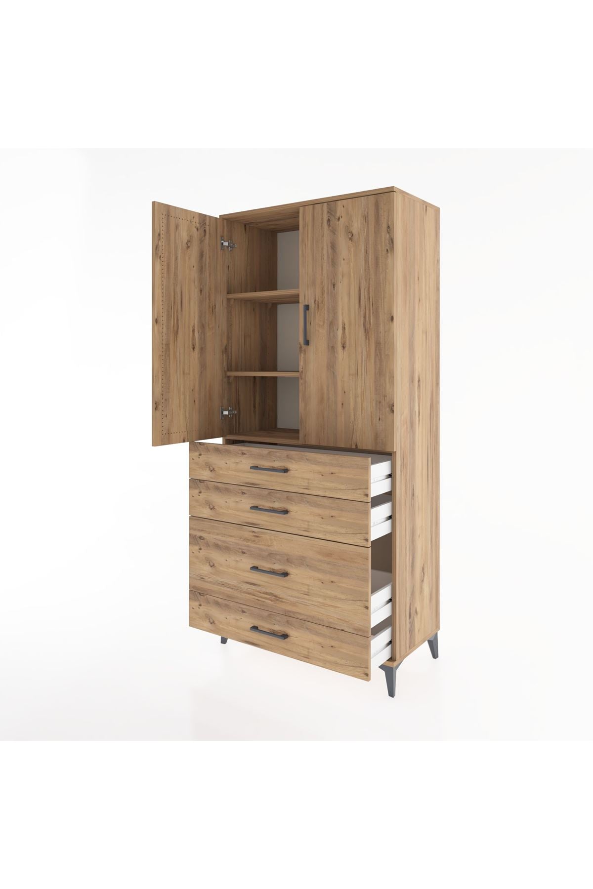 Hyperion Dolap 3 Raflı 4 Çekmeceli 2 Kapaklı 88x44x195 Çam-Çam