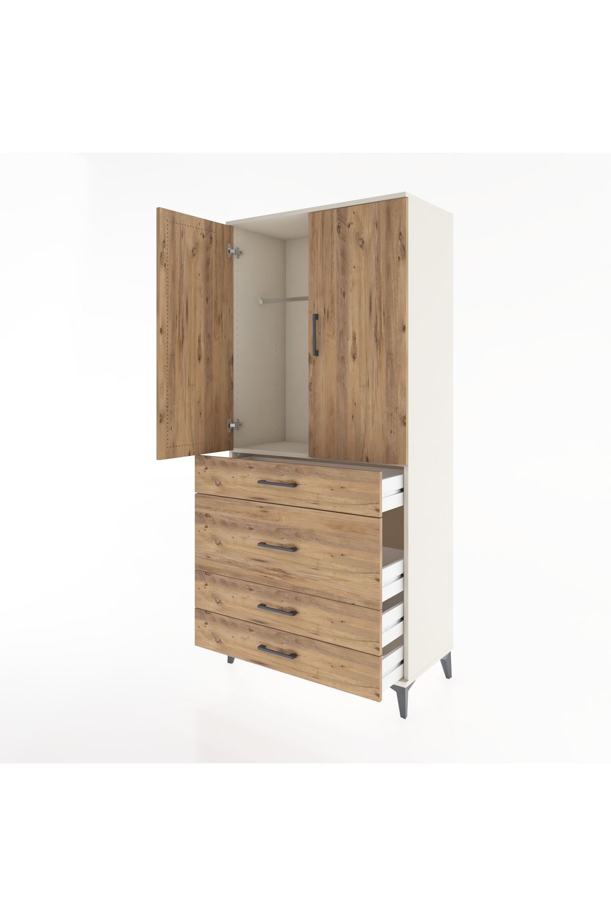 Hyperion Dolap Tek Raflı 4 Çekmeceli Tek Askılı 88x44x195 Aytaşı-Çam