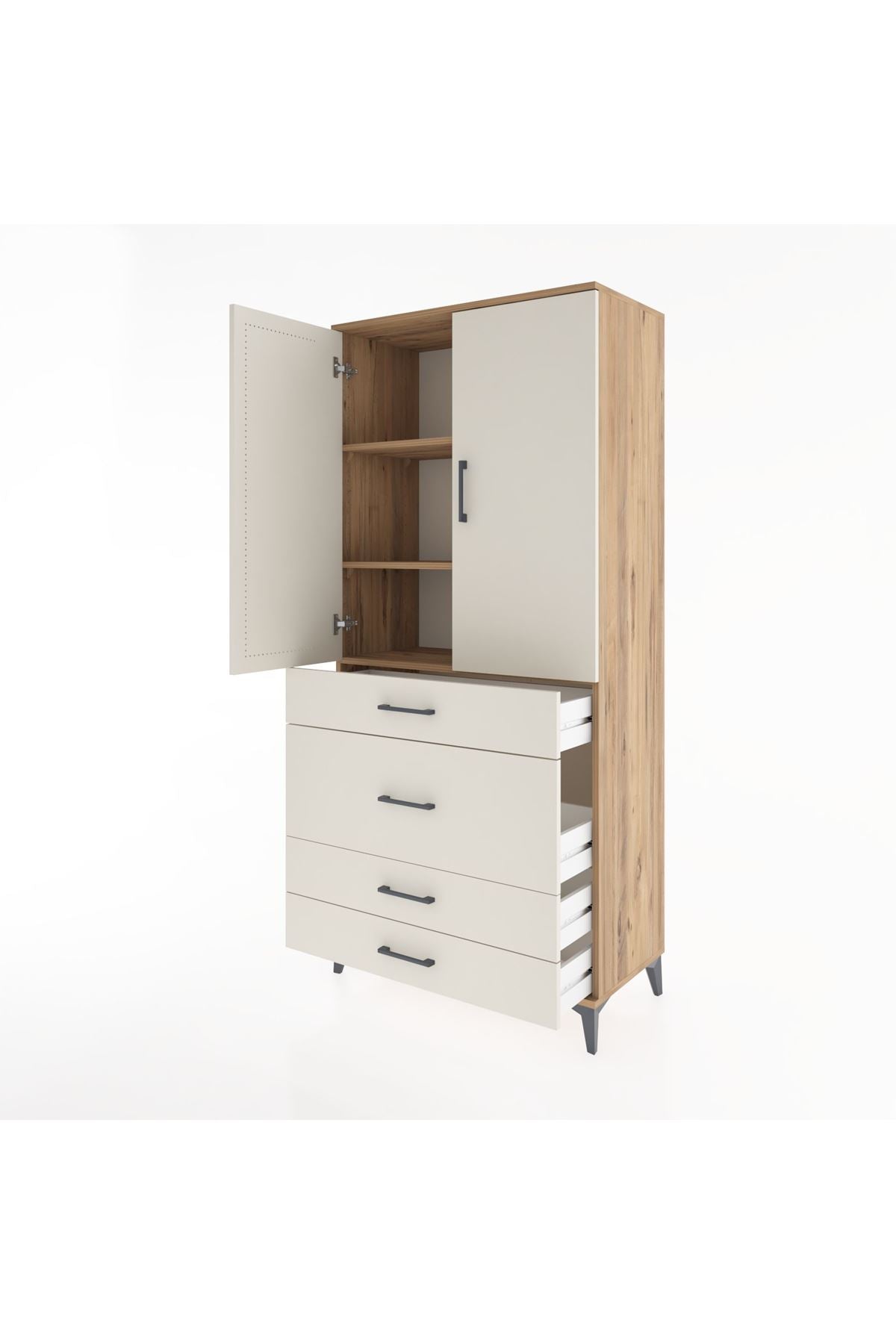 Hyperion Dolap 3 Raflı 4 Çekmeceli 2 Kapaklı 88x44x195 Çam-Aytaşı