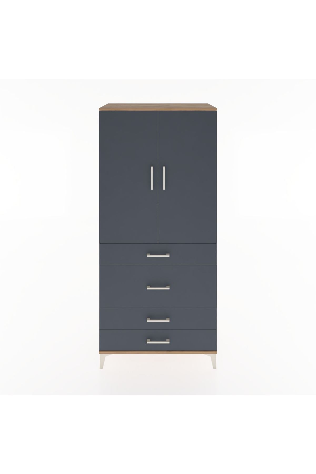 Hyperion Dolap 3 Raflı 4 Çekmeceli 2 Kapaklı 88x44x195 Çam-Antrasit