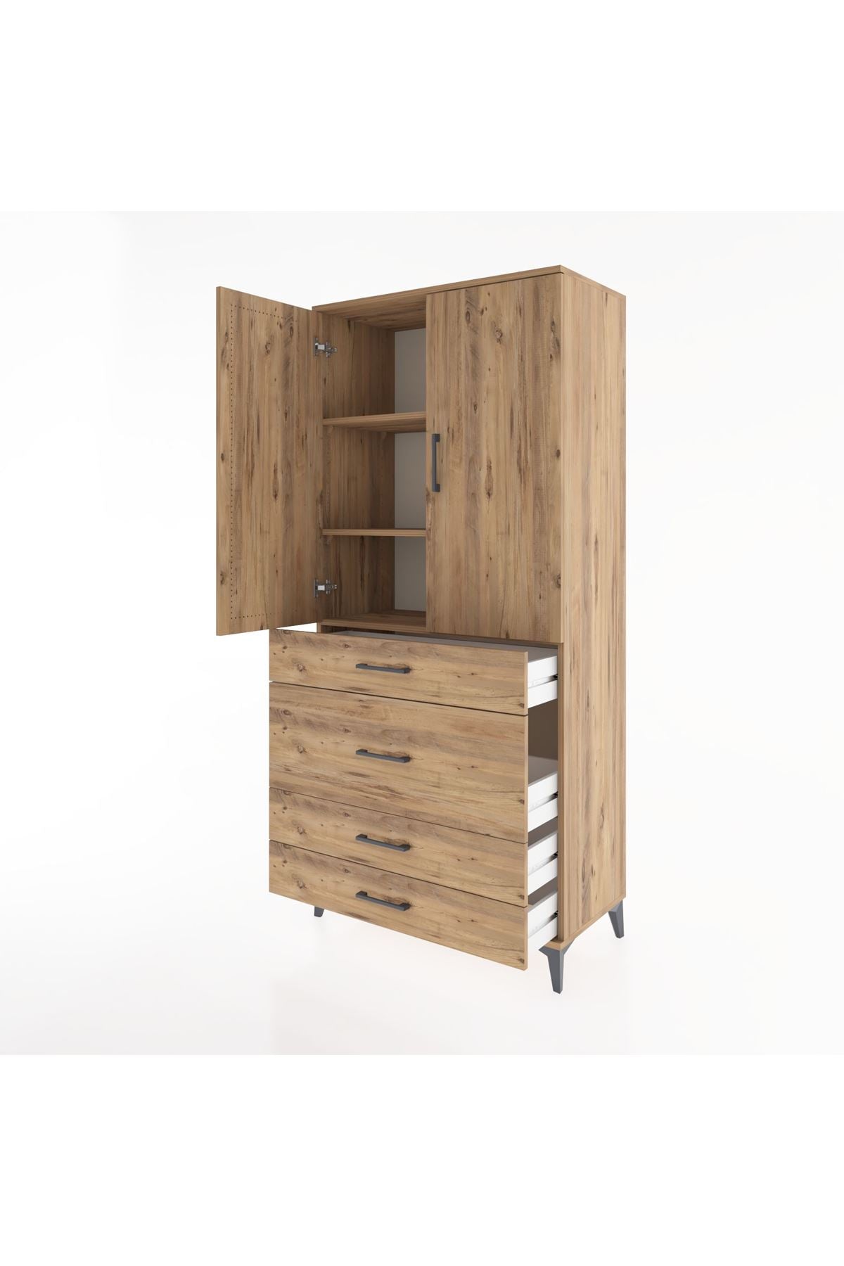 Hyperion Dolap 3 Raflı 4 Çekmeceli 2 Kapaklı 88x44x195 Çam-Çam