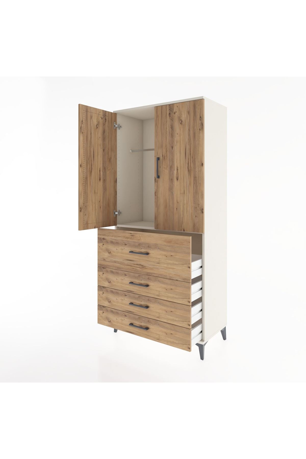 Hyperion Dolap Tek Raflı 4 Çekmeceli Tek Askılı 88x44x195 Aytaşı-Çam