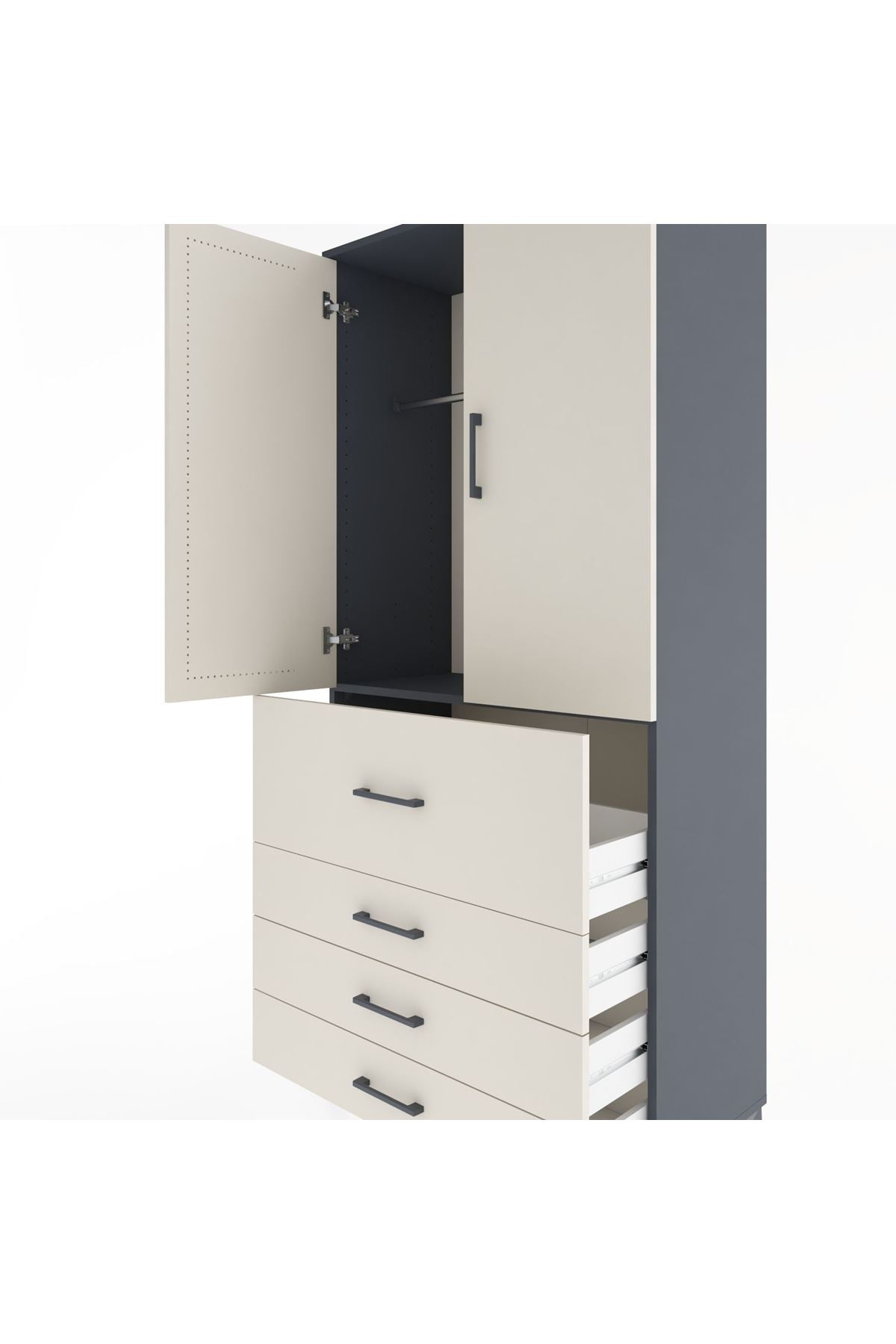 Hyperion Dolap Tek Raflı 4 Çekmeceli Tek Askılı 88x44x195 Antrasit-Aytaşı