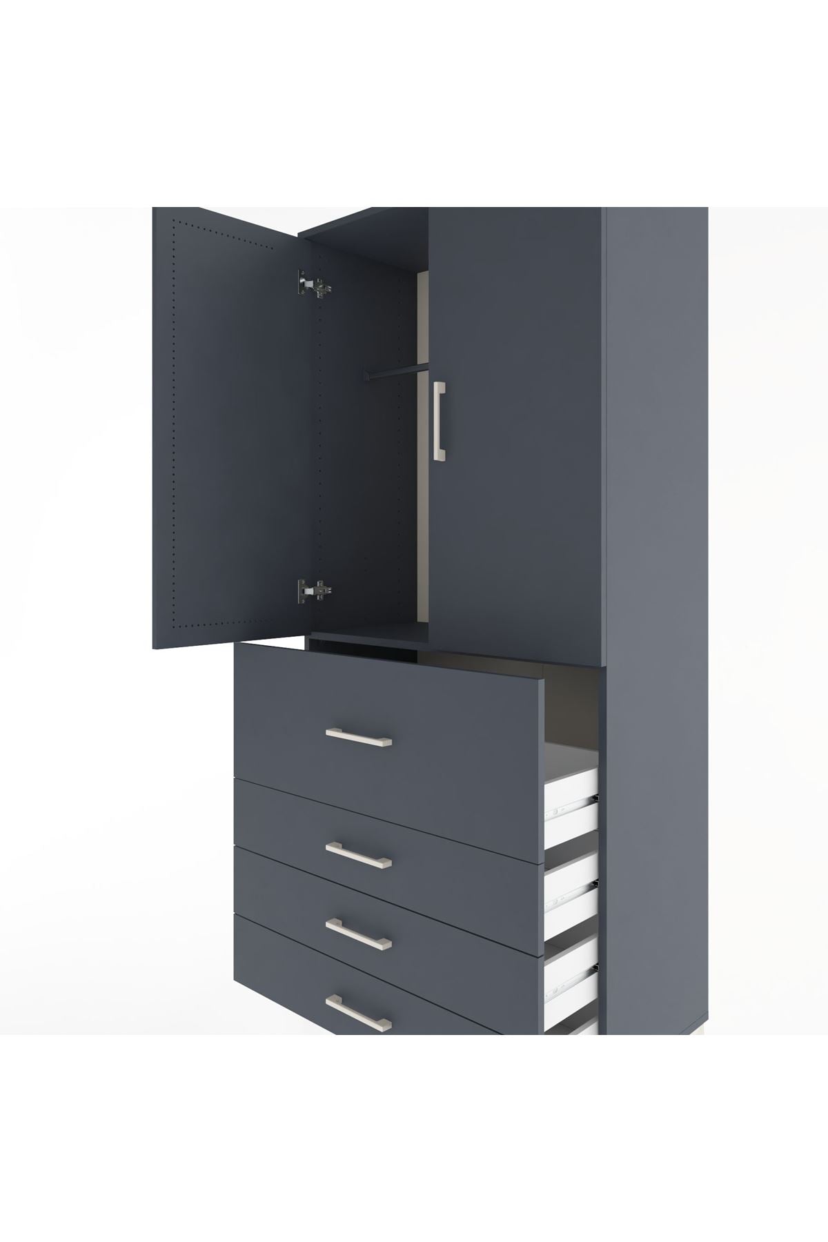 Hyperion Dolap Tek Raflı 4 Çekmeceli Tek Askılı 88x44x195 Antrasit-Antrasit