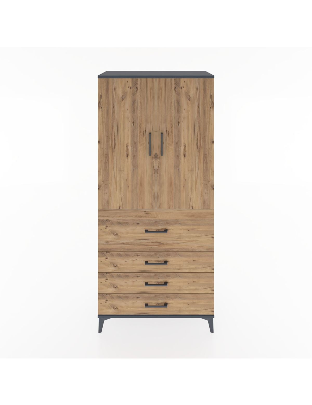 Hyperion Dolap Tek Raflı 4 Çekmeceli Tek Askılı 88x44x195 Antrasit-Çam