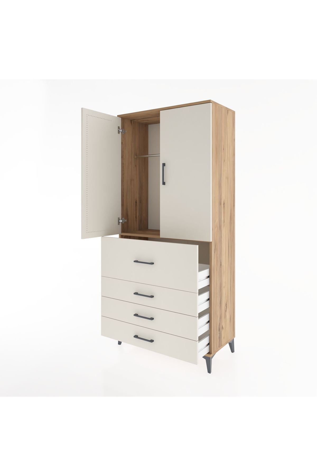 Hyperion Dolap Tek Raflı 4 Çekmeceli Tek Askılı 88x44x195 Çam-Aytaşı