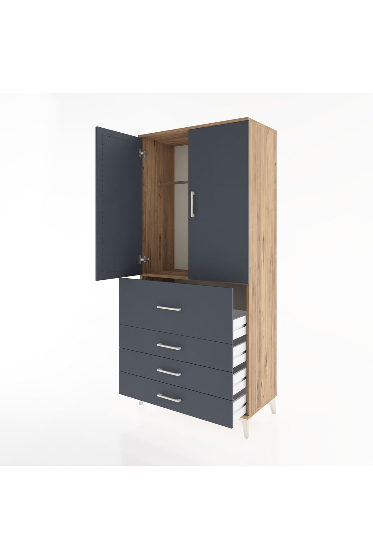 Hyperion Dolap Tek Raflı 4 Çekmeceli Tek Askılı 88x44x195 Çam-Antrasit