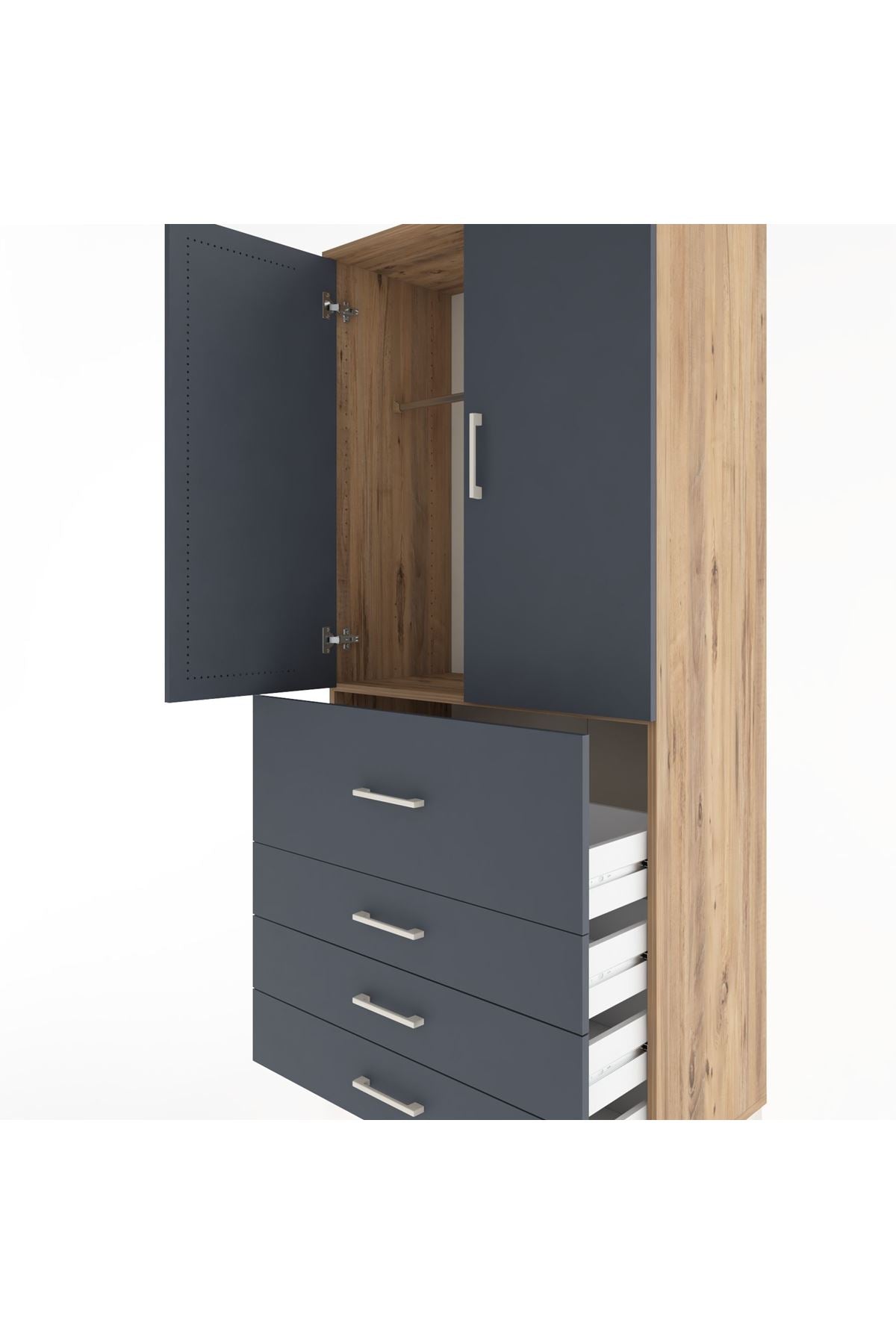 Hyperion Dolap Tek Raflı 4 Çekmeceli Tek Askılı 88x44x195 Çam-Antrasit