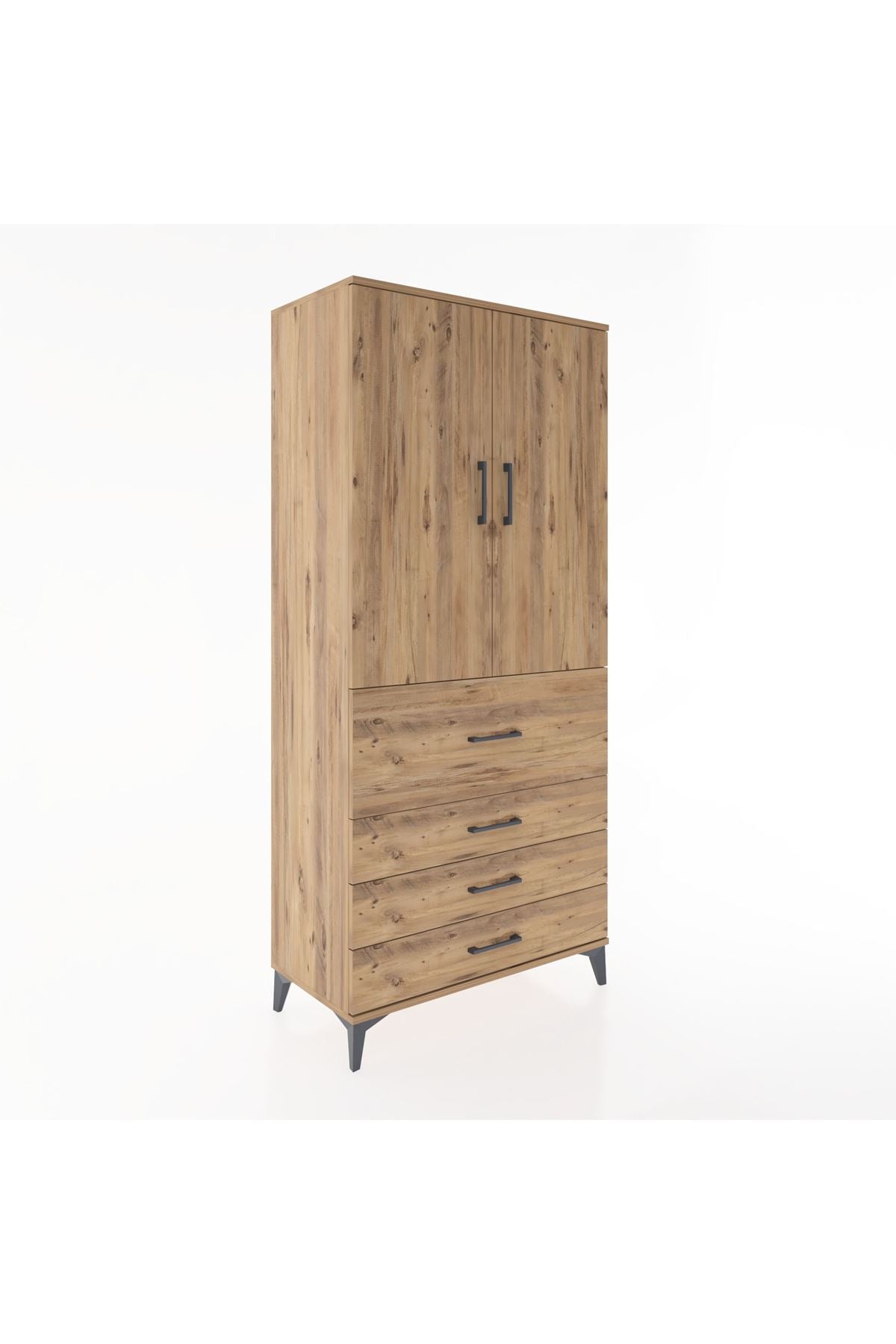 Hyperion Dolap Tek Raflı 4 Çekmeceli Tek Askılı 88x44x195 Çam-Çam