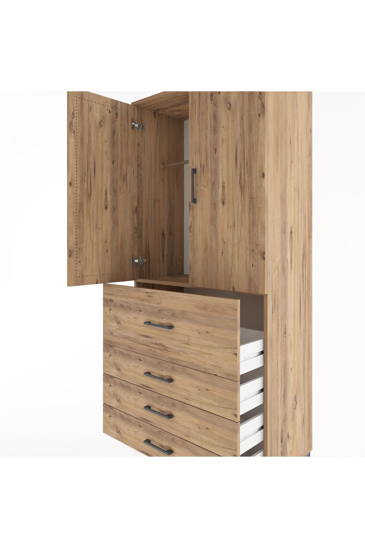 Hyperion Dolap Tek Raflı 4 Çekmeceli Tek Askılı 88x44x195 Çam-Çam