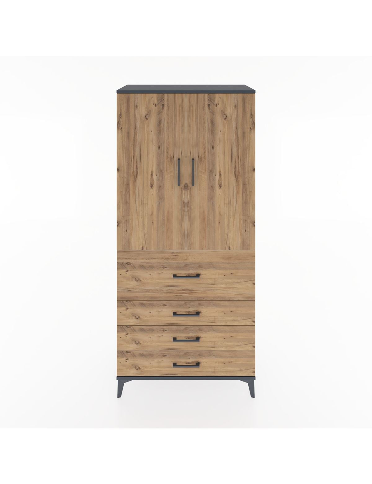 Hyperion Dolap 3 Raflı 4 Çekmeceli 2 Kapaklı 88x44x195 Antrasit-Çam