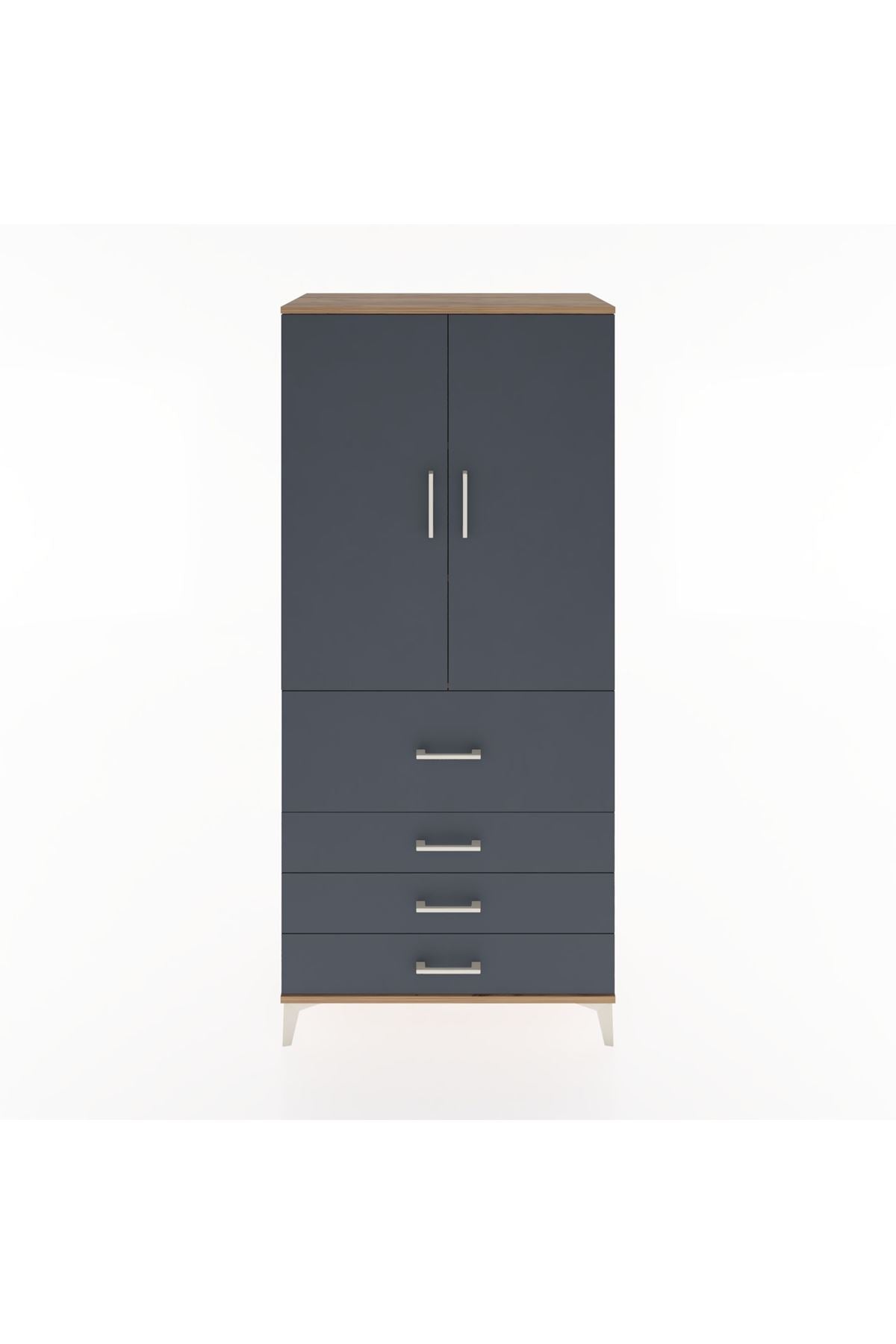 Hyperion Dolap 3 Raflı 4 Çekmeceli 2 Kapaklı 88x44x195 Çam-Antrasit