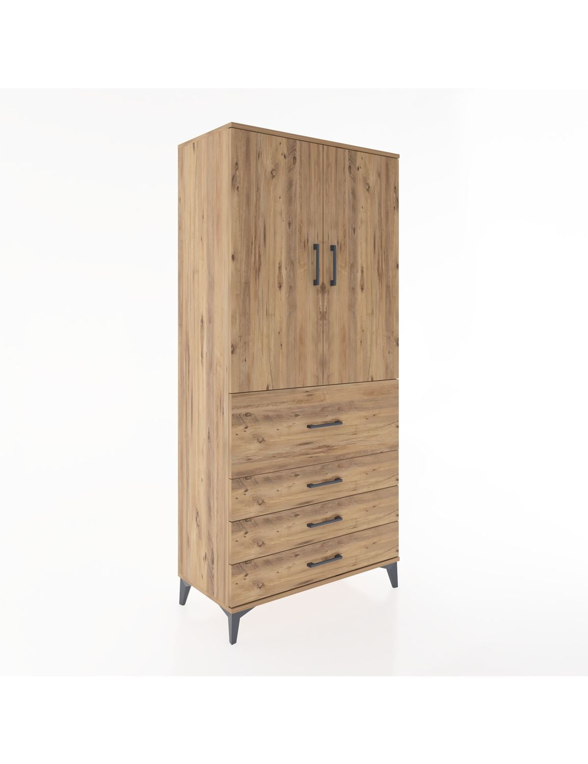 Hyperion Dolap 3 Raflı 4 Çekmeceli 2 Kapaklı 88x44x195 Çam-Çam