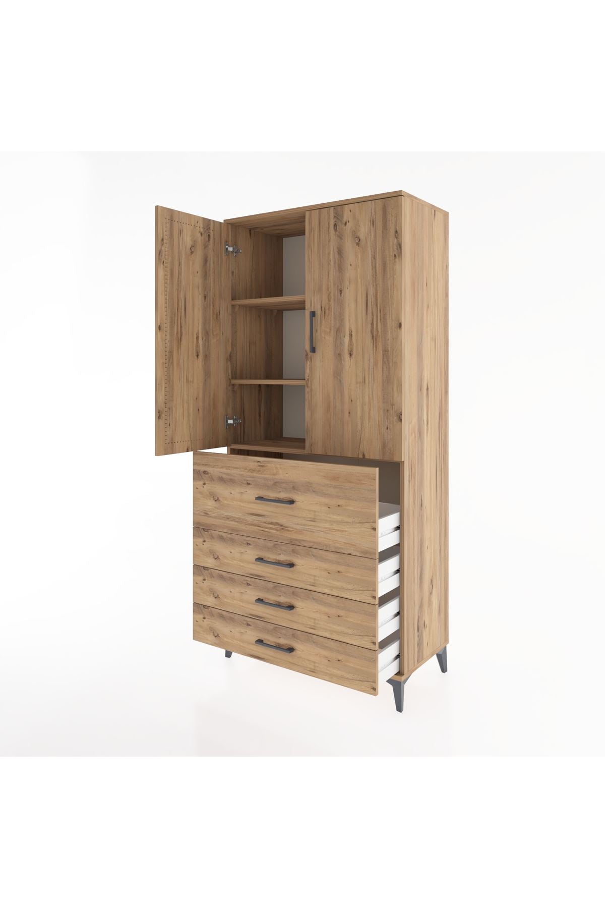 Hyperion Dolap 3 Raflı 4 Çekmeceli 2 Kapaklı 88x44x195 Çam-Çam