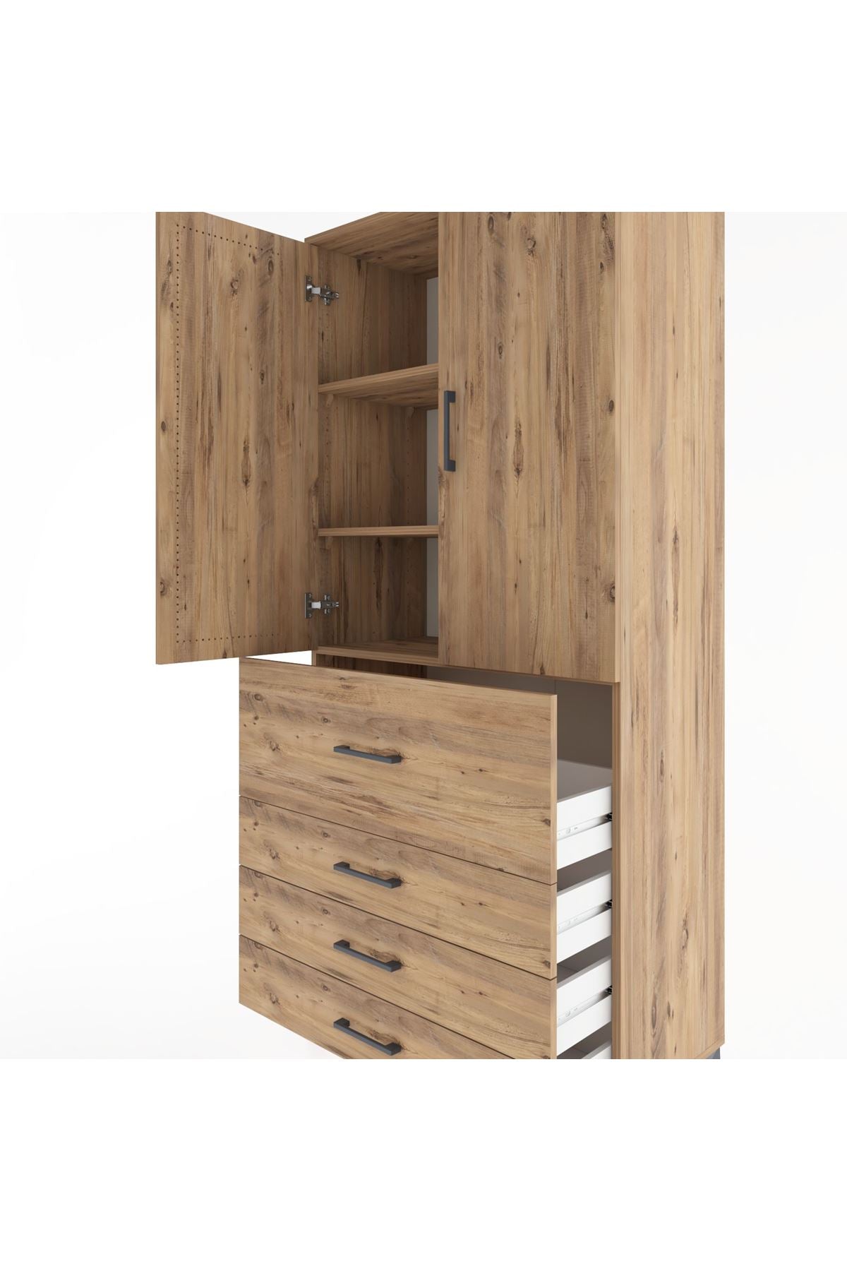 Hyperion Dolap 3 Raflı 4 Çekmeceli 2 Kapaklı 88x44x195 Çam-Çam