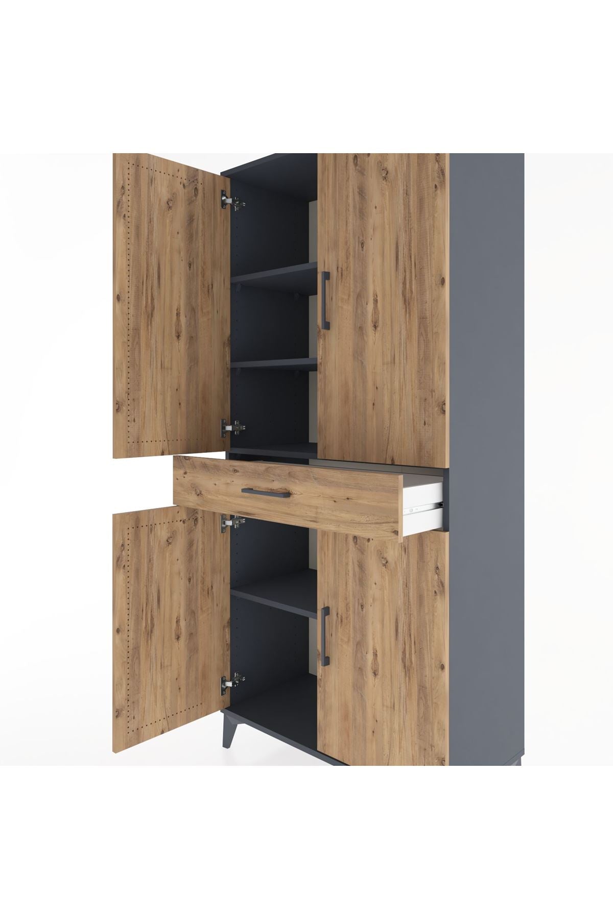 Hyperion Dolap 4 Raflı Tek Çekmeceli 4 Kapaklı 88x44x195 Antrasit-Çam