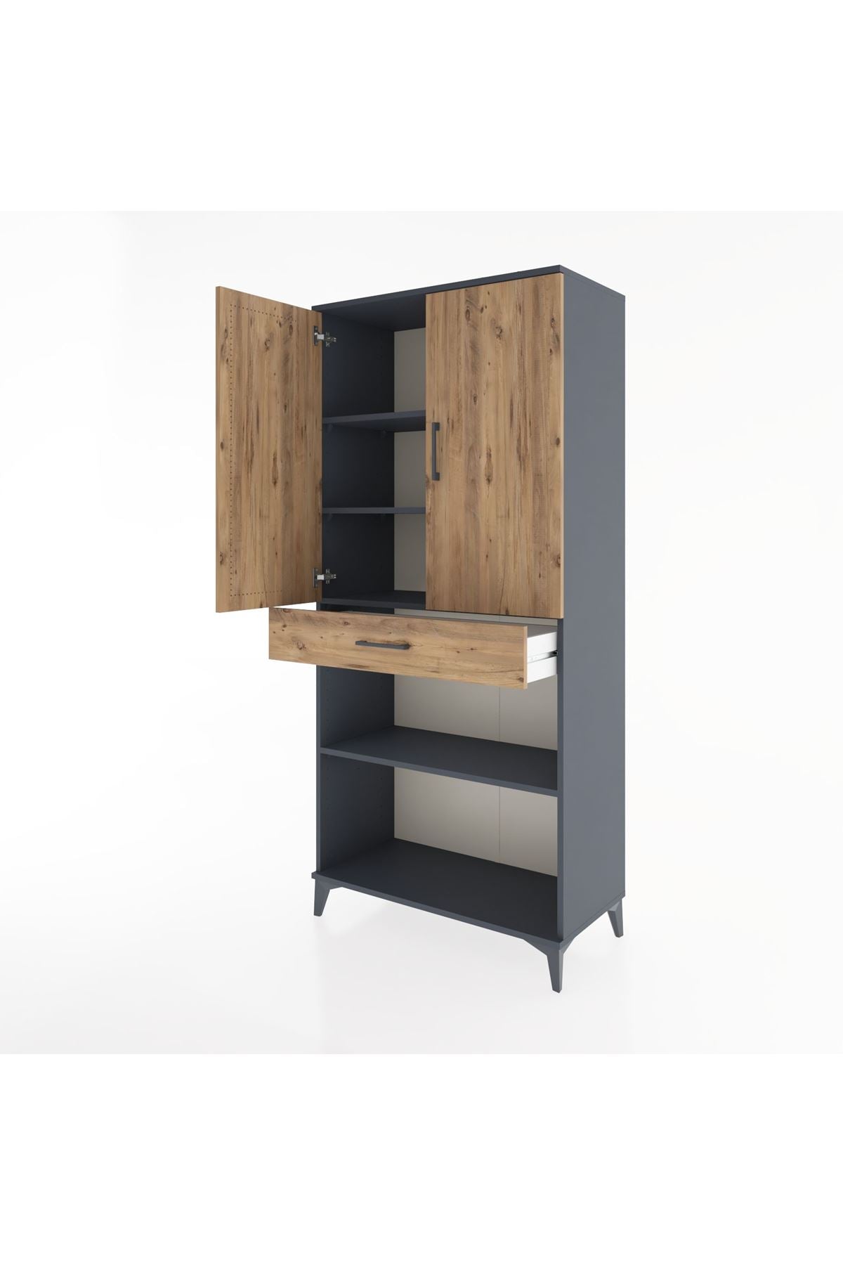 Hyperion Dolap 4 Raflı Tek Çekmeceli 2 Kapaklı 88x44x195 Antrasit-Çam