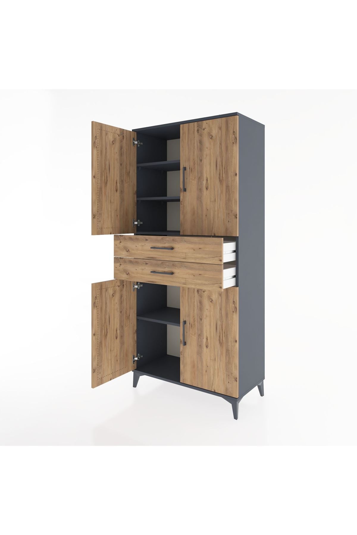 Hyperion Dolap 4 Raflı 2 Çekmeceli 4 Kapaklı 88x44x195 Antrasit-Çam