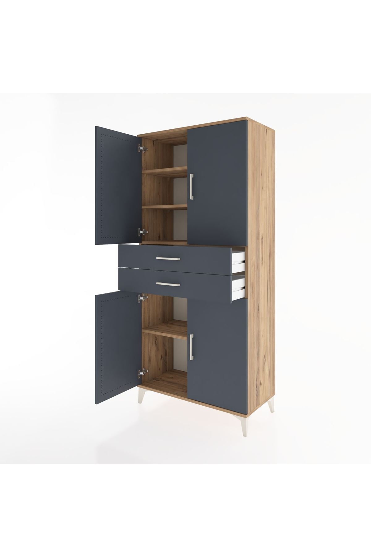 Hyperion Dolap 4 Raflı 2 Çekmeceli 4 Kapaklı 88x44x195 Çam-Antrasit