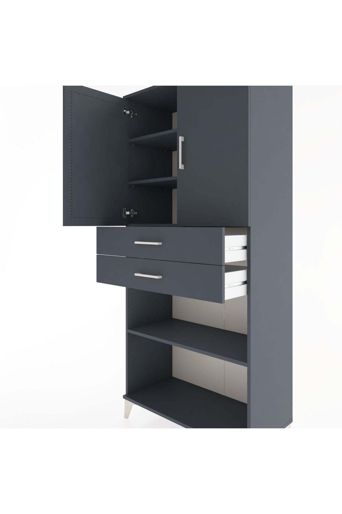 Hyperion Dolap 4 Raflı 2 Çekmeceli 2 Kapaklı 88x44x195 Antrasit-Antrasit