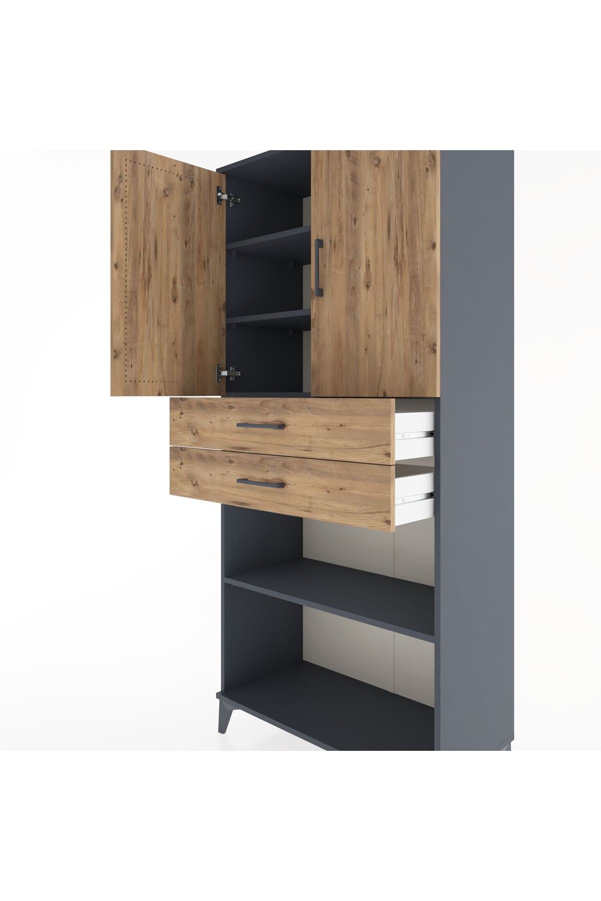 Hyperion Dolap 4 Raflı 2 Çekmeceli 2 Kapaklı 88x44x195 Antrasit-Çam