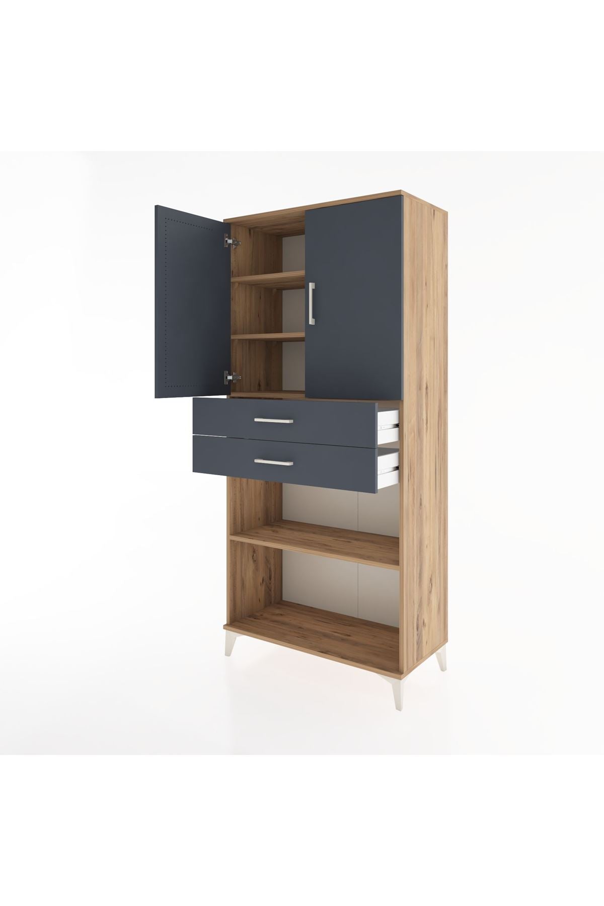 Hyperion Dolap 4 Raflı 2 Çekmeceli 2 Kapaklı 88x44x195 Çam-Antrasit