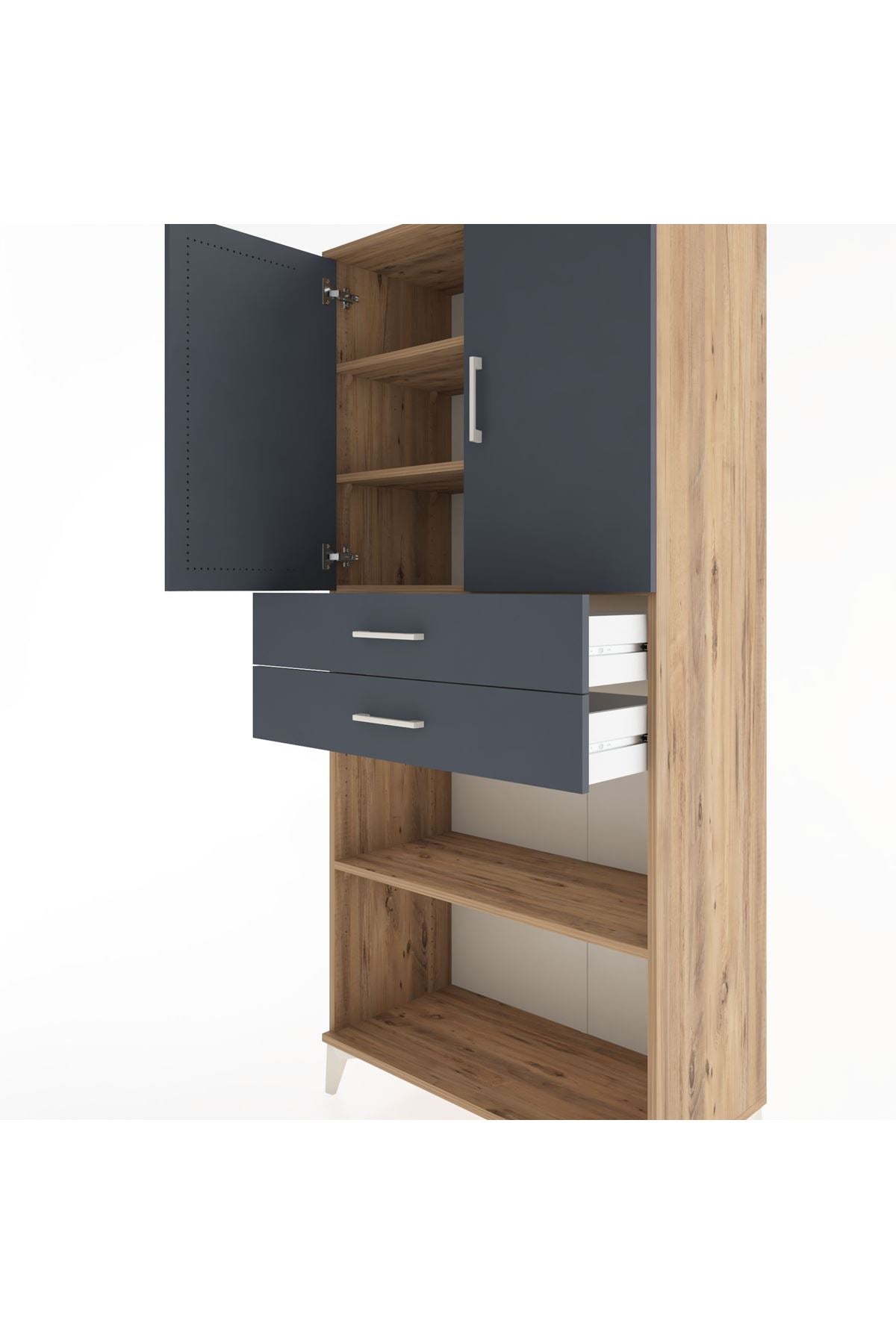 Hyperion Dolap 4 Raflı 2 Çekmeceli 2 Kapaklı 88x44x195 Çam-Antrasit