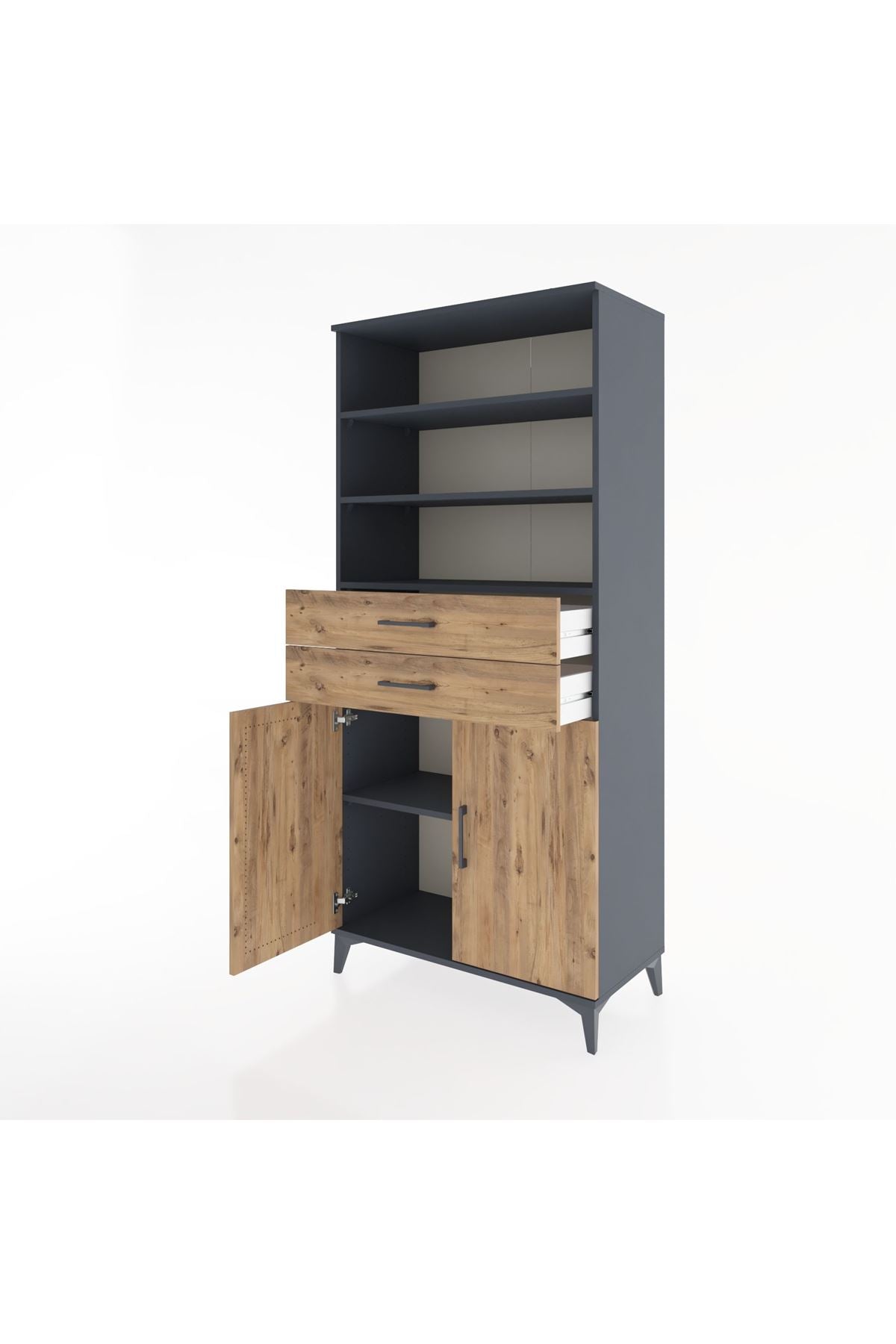 Hyperion Dolap 4 Raflı 2 Çekmeceli 2 Kapaklı 88x44x195 Antrasit-Çam