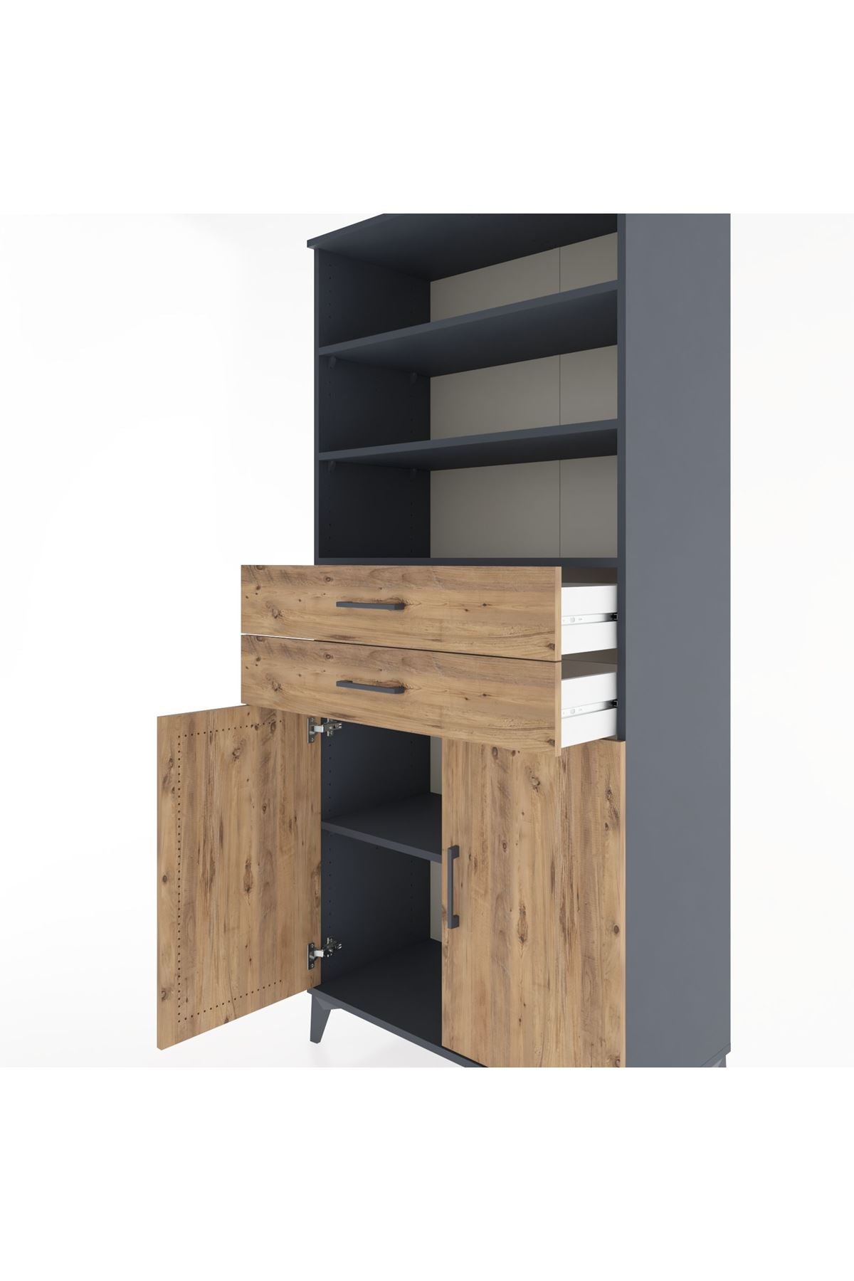 Hyperion Dolap 4 Raflı 2 Çekmeceli 2 Kapaklı 88x44x195 Antrasit-Çam