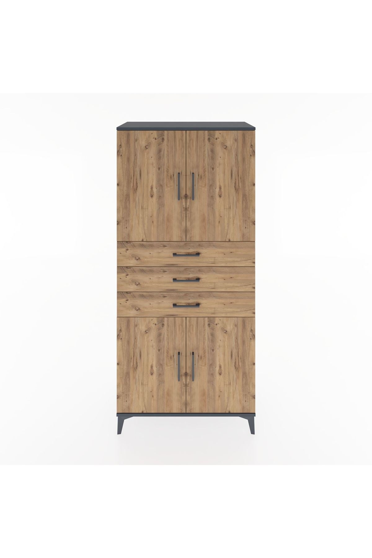 Hyperion Dolap 3 Raflı 3 Çekmeceli 4 Kapaklı 88x44x195 Antrasit-Çam