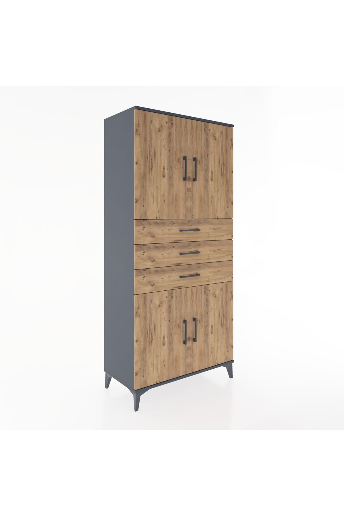 Hyperion Dolap 3 Raflı 3 Çekmeceli 4 Kapaklı 88x44x195 Antrasit-Çam