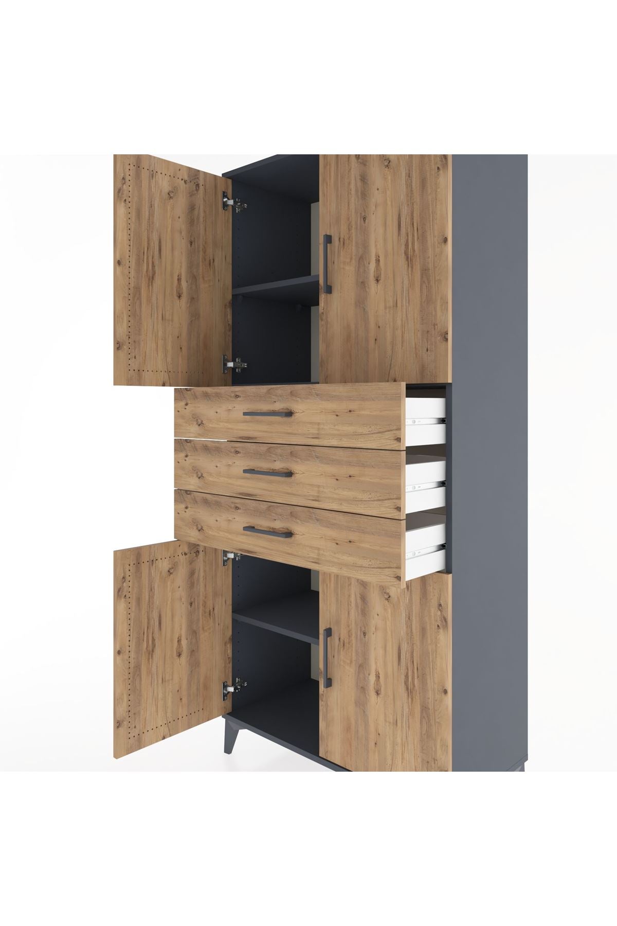Hyperion Dolap 3 Raflı 3 Çekmeceli 4 Kapaklı 88x44x195 Antrasit-Çam