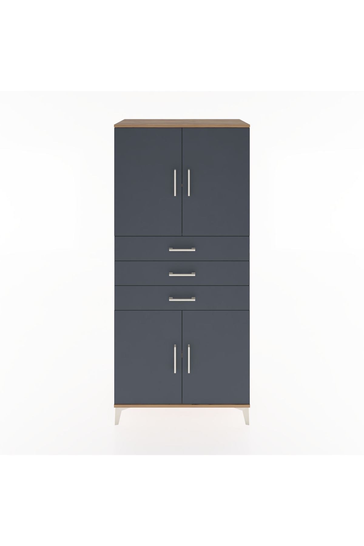 Hyperion Dolap 3 Raflı 3 Çekmeceli 4 Kapaklı 88x44x195 Çam-Antrasit