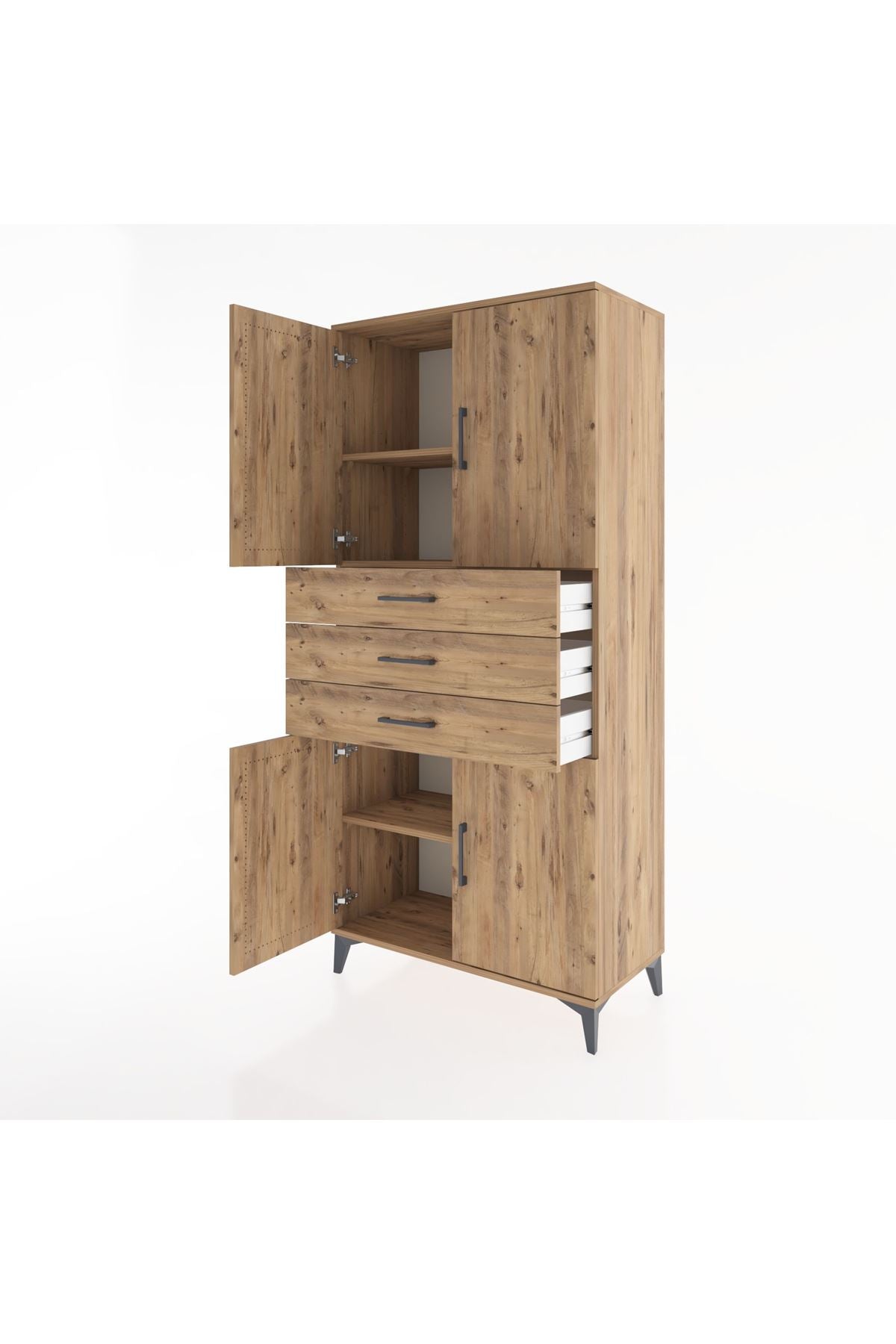 Hyperion Dolap 3 Raflı 3 Çekmeceli 4 Kapaklı 88x44x195 Çam-Çam