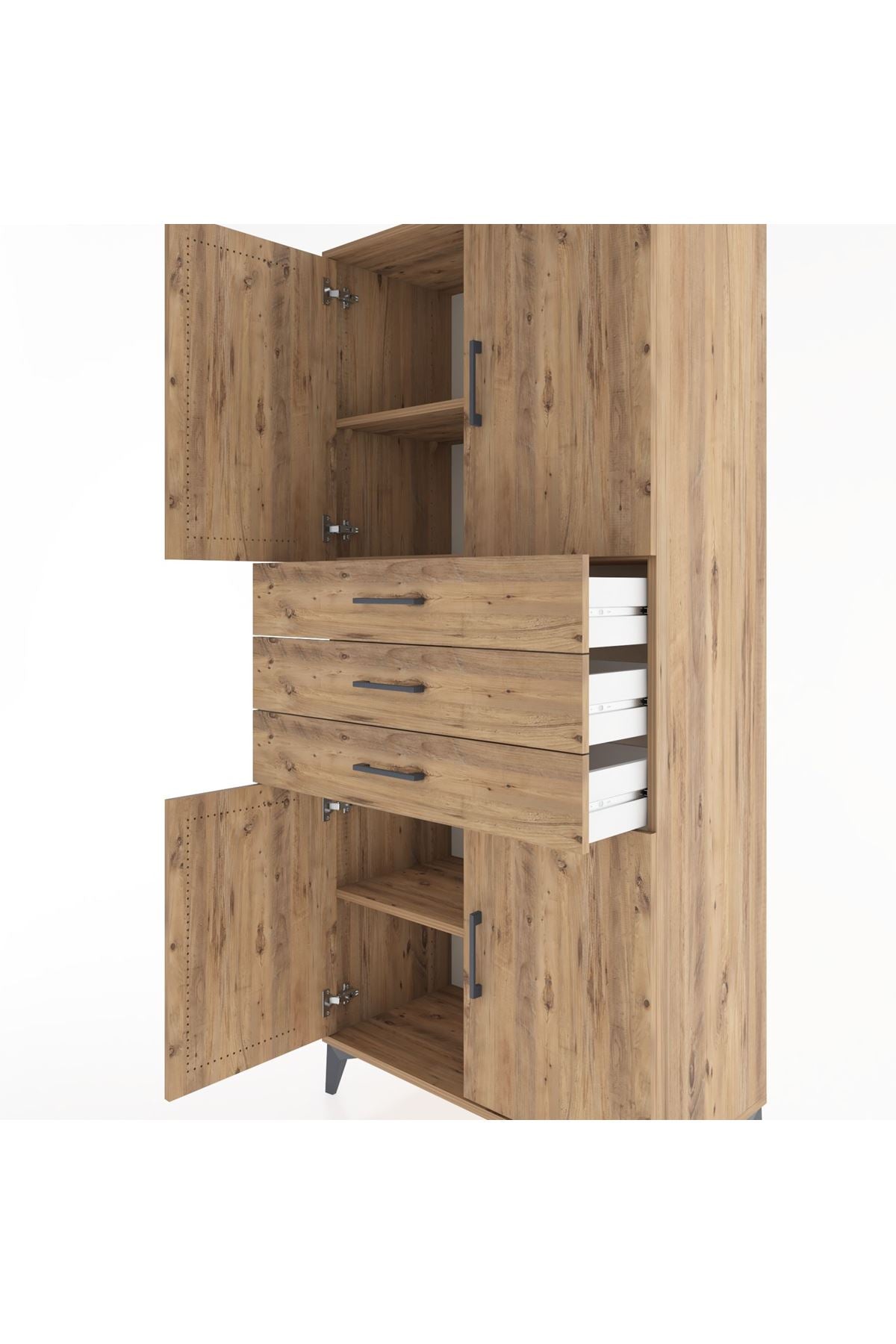 Hyperion Dolap 3 Raflı 3 Çekmeceli 4 Kapaklı 88x44x195 Çam-Çam