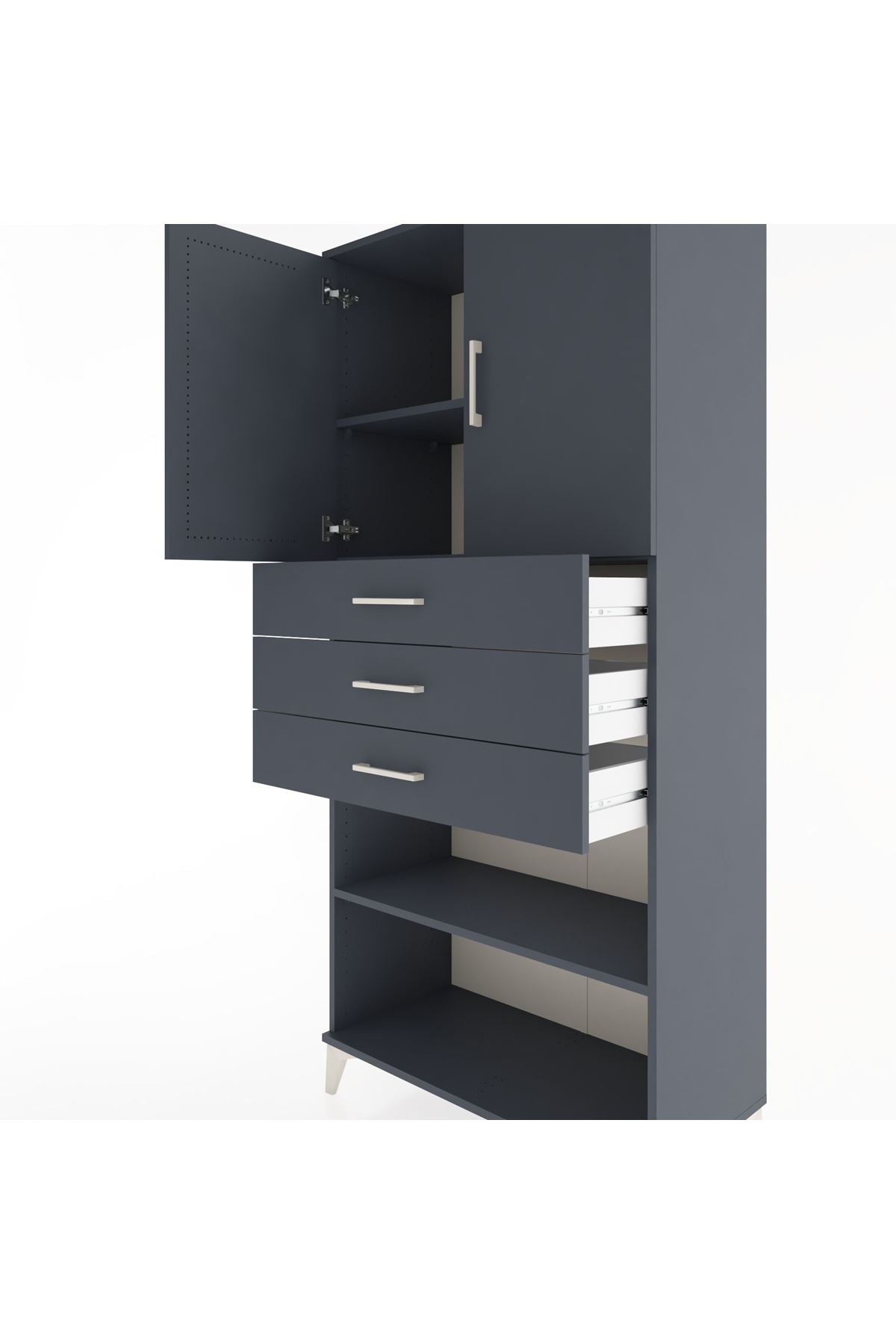 Hyperion Dolap 3 Raflı 3 Çekmeceli 2 Kapaklı 88x44x195 Antrasit-Antrasit