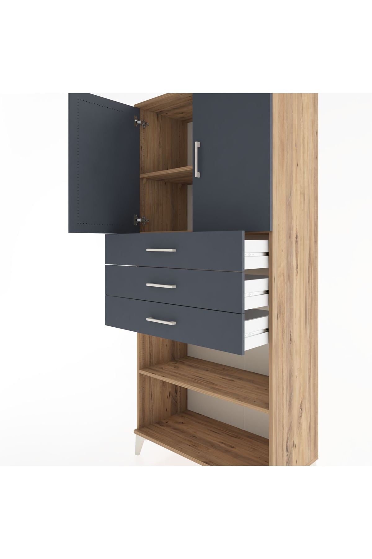 Hyperion Dolap 3 Raflı 3 Çekmeceli 2 Kapaklı 88x44x195 Çam-Antrasit