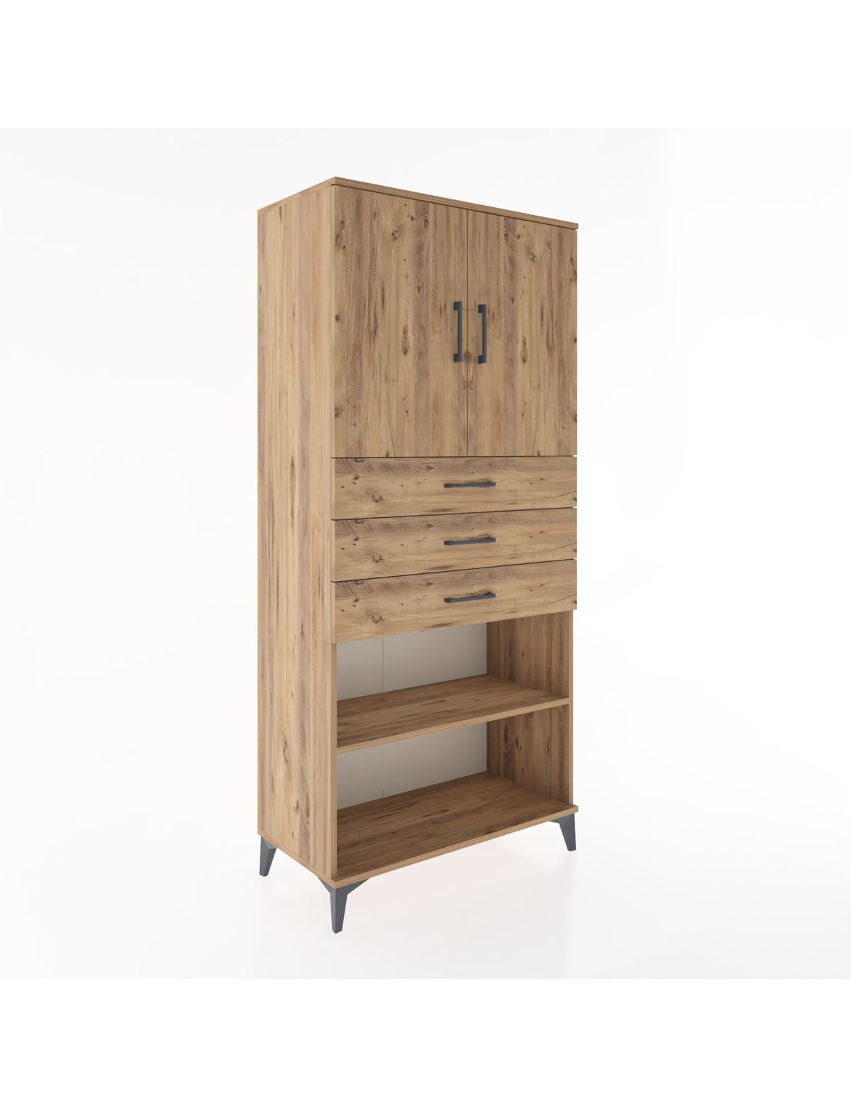 Hyperion Dolap 3 Raflı 3 Çekmeceli 2 Kapaklı 88x44x195 Çam-Çam