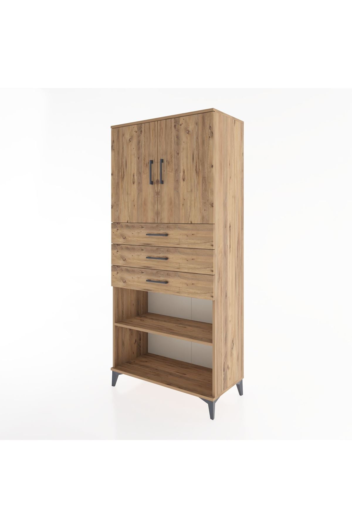Hyperion Dolap 3 Raflı 3 Çekmeceli 2 Kapaklı 88x44x195 Çam-Çam